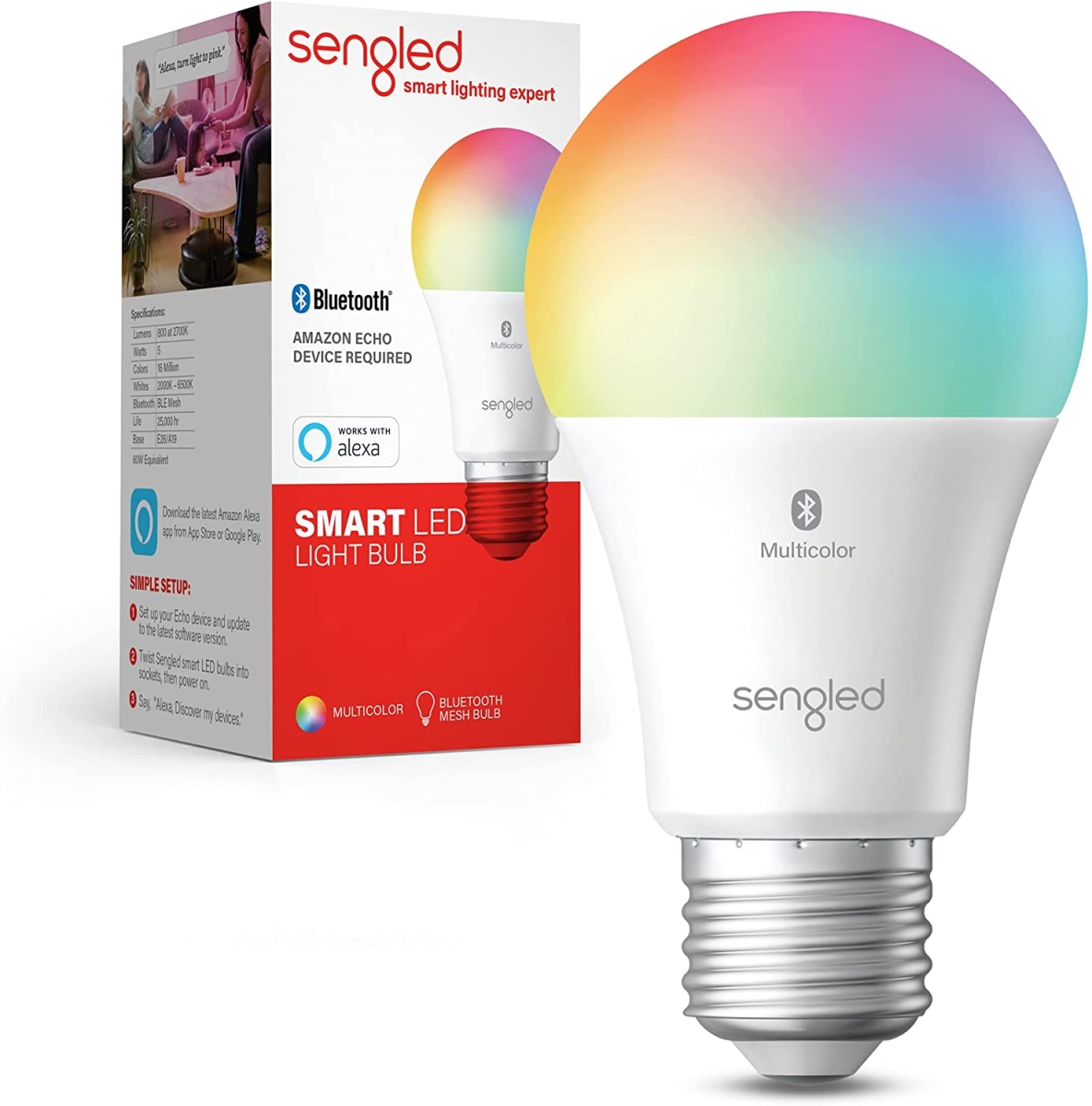 Picture of Sengled B11-N1EW Smart Bluetooth Mesh LED A19 Bulb, Multi Color