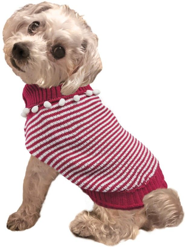 Picture of Fashion Pet ST02760 Pom Pom Stripe Dog Sweater&#44; Raspberry - Extra Small