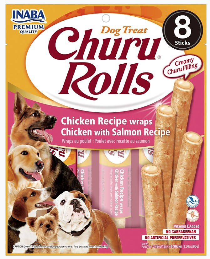 Picture of Inaba INA71559 Churu Rolls Chicken Recipe Wraps Dog Treat with Salmon Recipe - 8 Count
