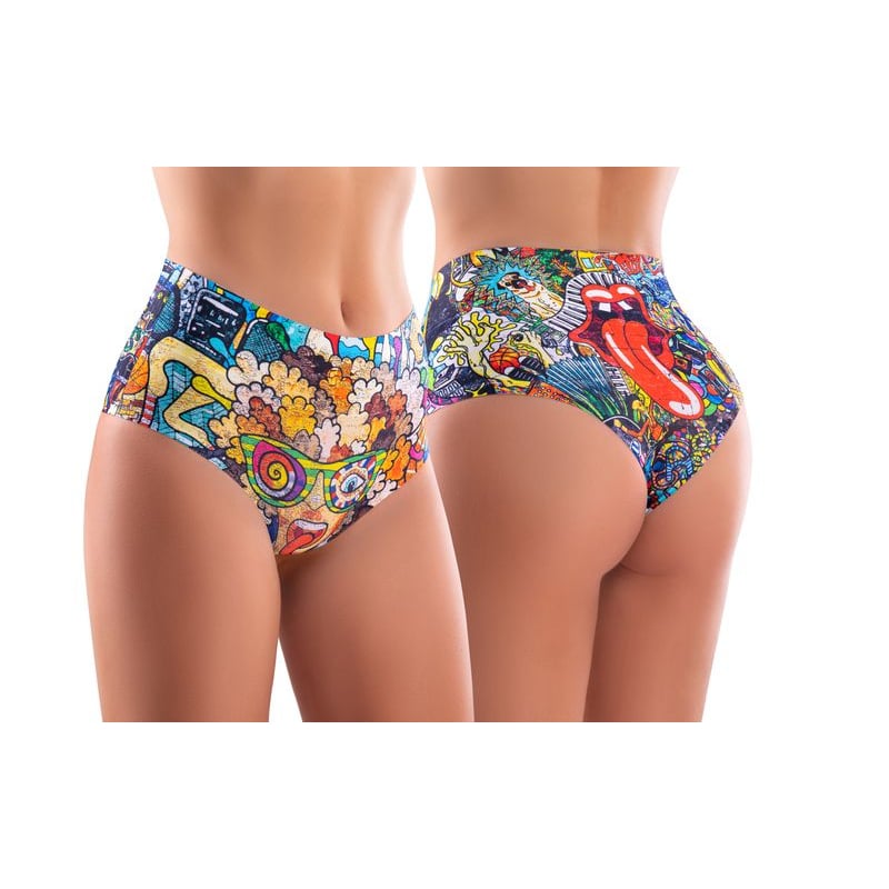 PST-33 High-Briefs Comfortable Panties with Impressive Prints - Psychotropical - Trash - Large