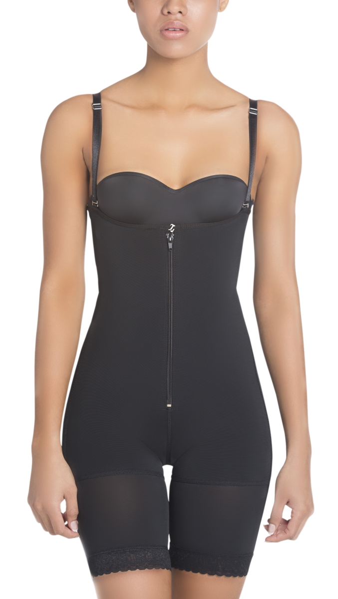 High Compression Braless Mid-Thigh Minimizer Bodysuit-Black-M