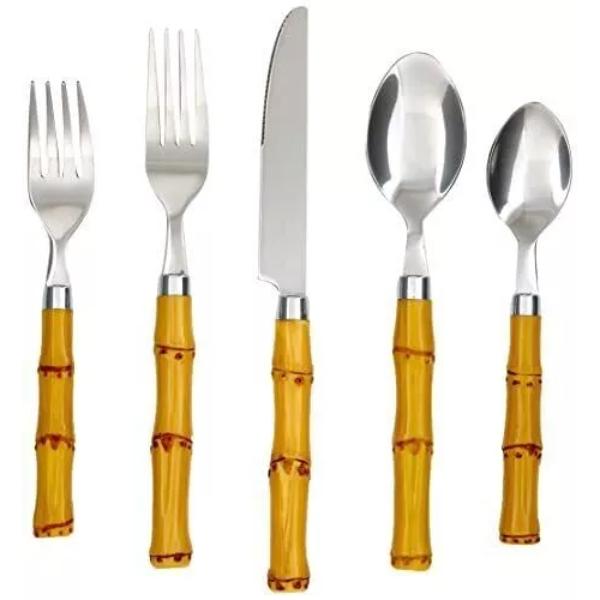 Picture of Cambridge 37820DS Silversmiths Bamboo Plastic Flatware Set, Natural Brown - 20 Piece