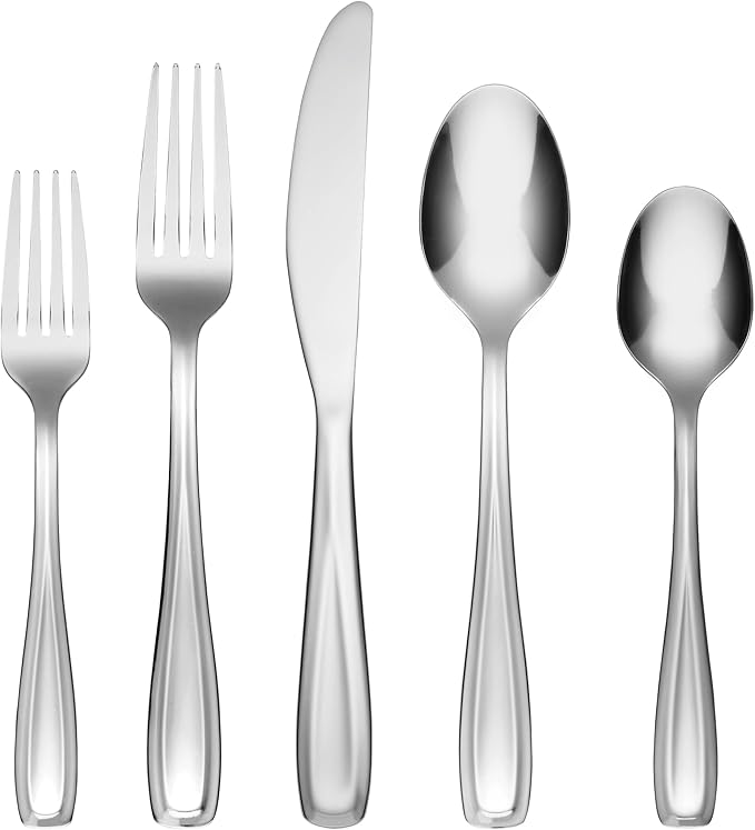 Picture of Cambridge 426540CBWR2 Waylen Mirror 18-0 Stainless Steel Flatware Set with Rustic Caddy - 40 Piece