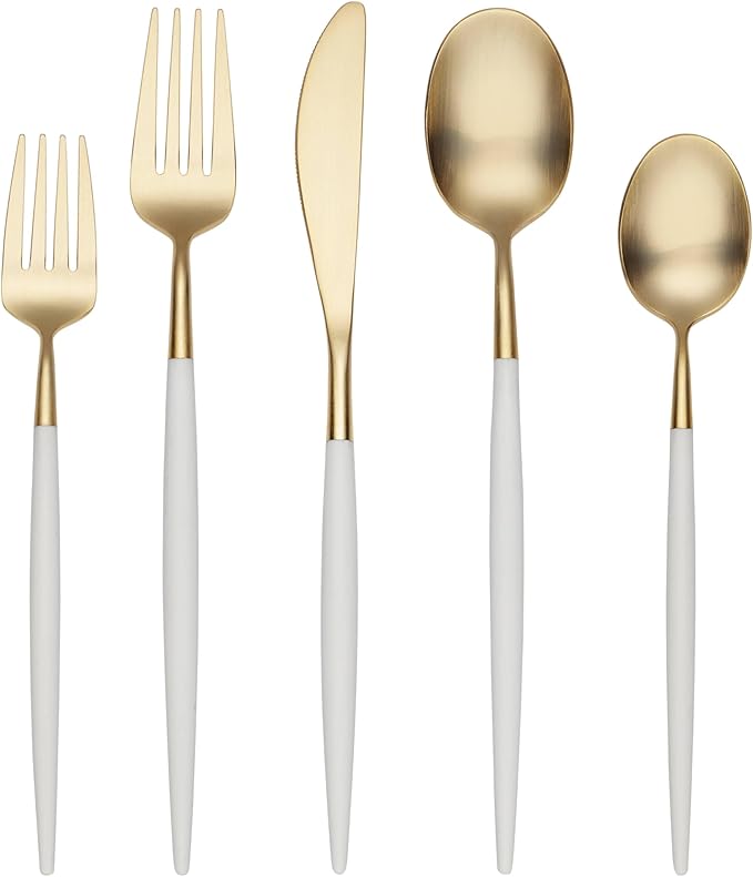 Picture of Cambridge 306320CKG12DS Mazzy White Handle 18-10 Stainless Steel & POM Plastic Flatware Set, Gold - 20 Piece