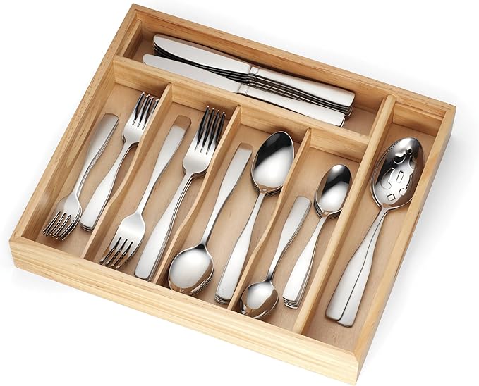 Picture of Cambridge 263K7CSLG31 Madison 18-0 Stainless Steel Flatware Set with Wood Tray, Satin - 62 Piece
