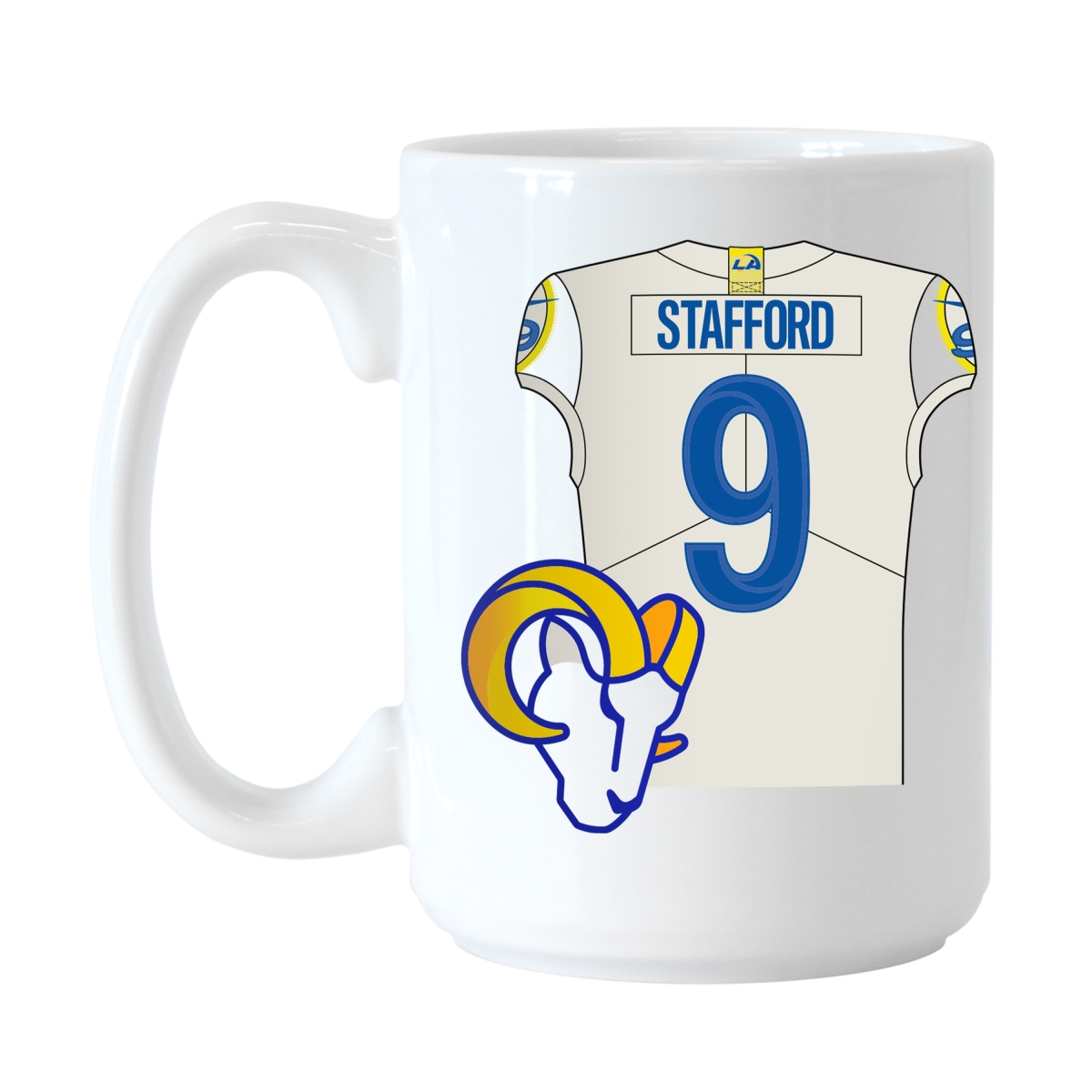 Picture of Logo Brands 629P-C15M-MS LA Rams 15 oz Matthew Stafford Jersey Sublimated Mug