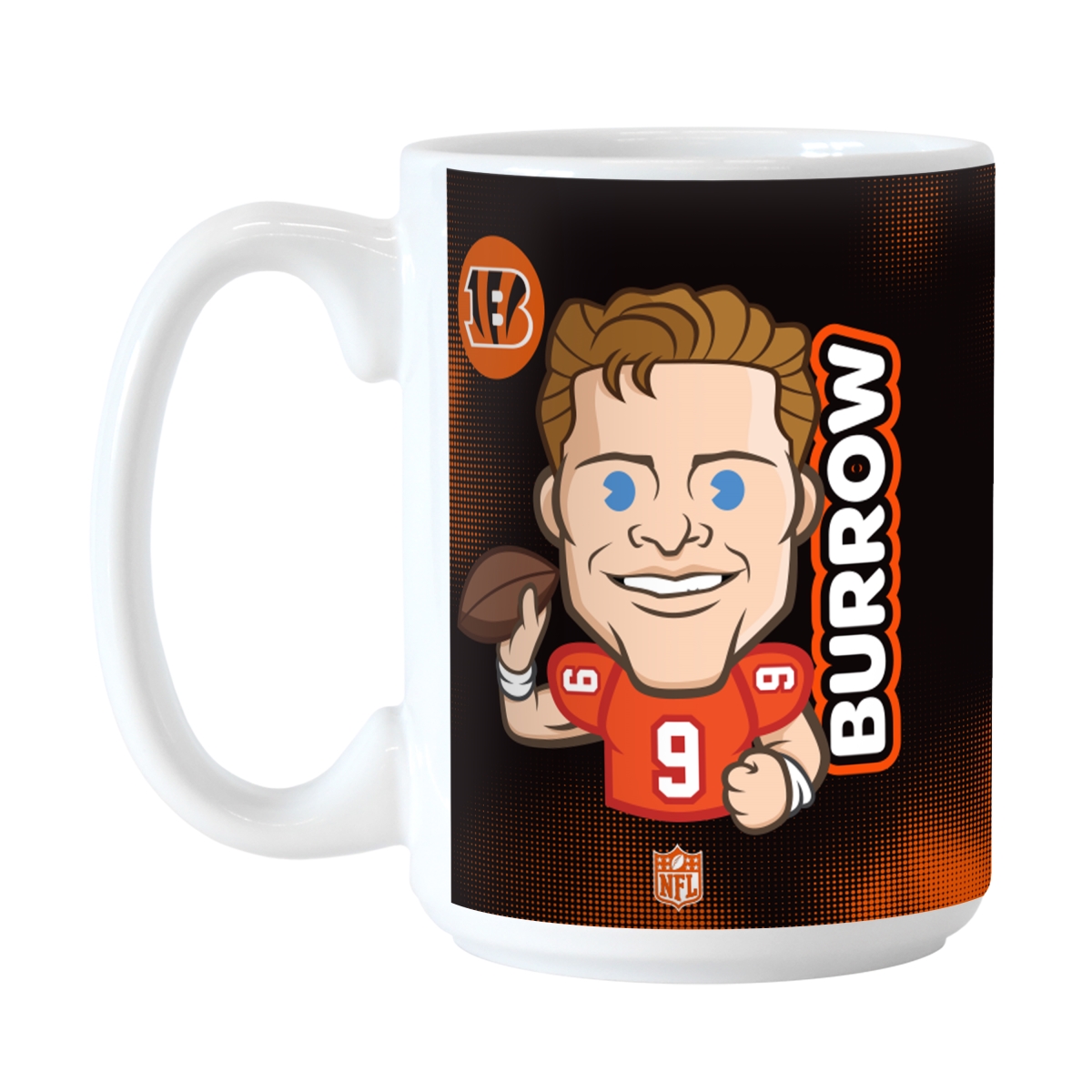 607P-C15M-JBC Cincinnati Bengals Joe Burrow Caricature 15 oz Sublimated Mug
