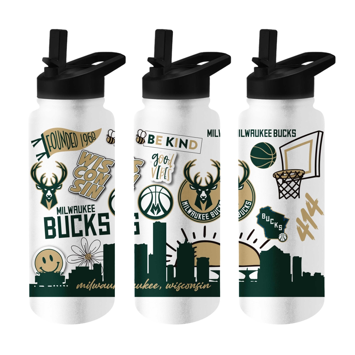 Picture of Logo Brands 716-S34QB-63 Milwaukee Bucks 34 oz Native Quencher Bottle