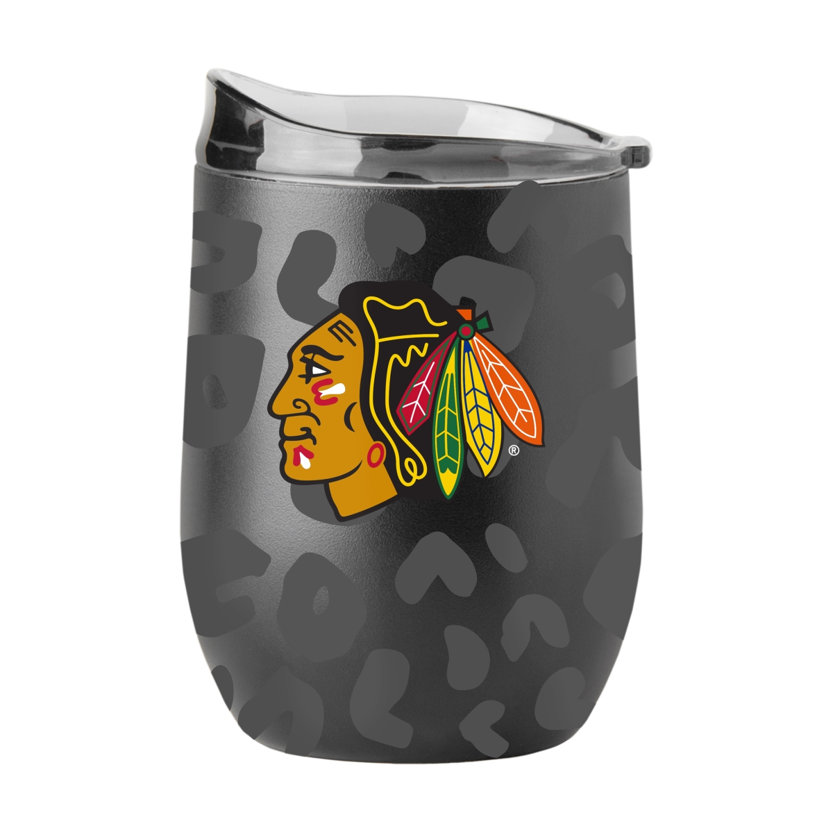807-S16PB-BLK-33 Chicago Blackhawks Leopard 16 oz Black Powdercoat Curved Beverage