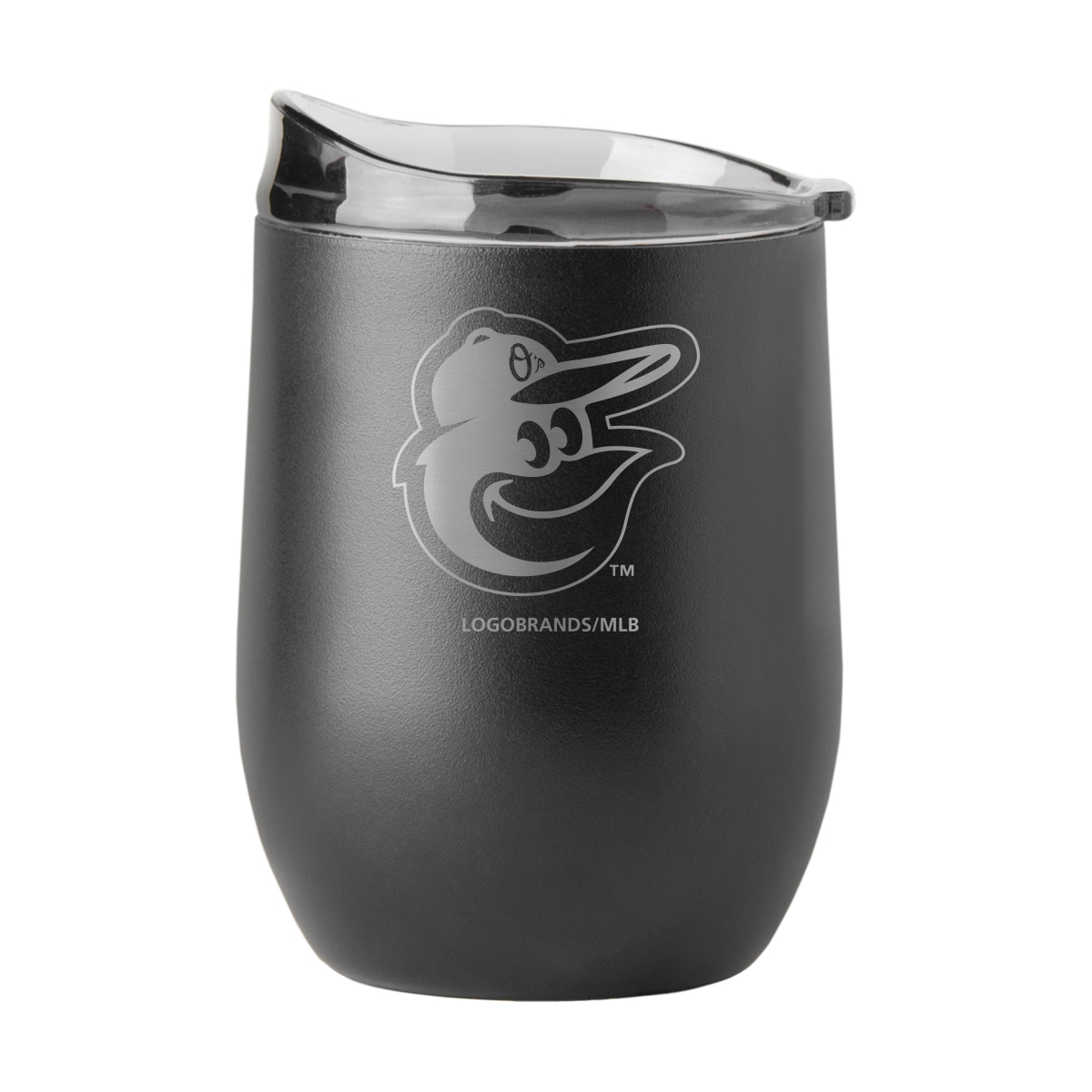 504-S16PB-BLK-9 Baltimore Orioles Black 16 oz Etched Powder Coat Curved Beverage