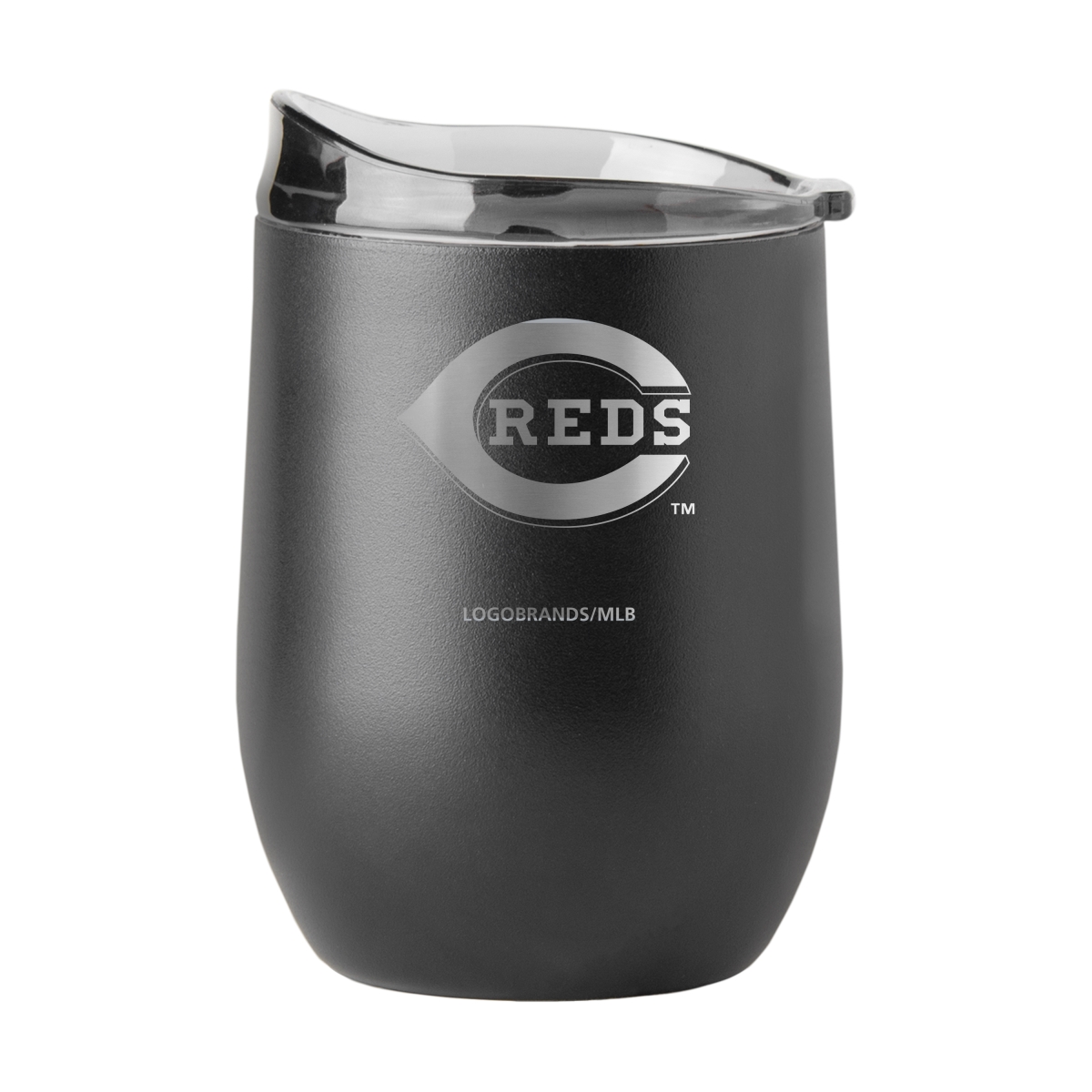 508-S16PB-BLK-9 Cincinnati Reds 16 oz Etched Black Powder Coat Curved Beverage