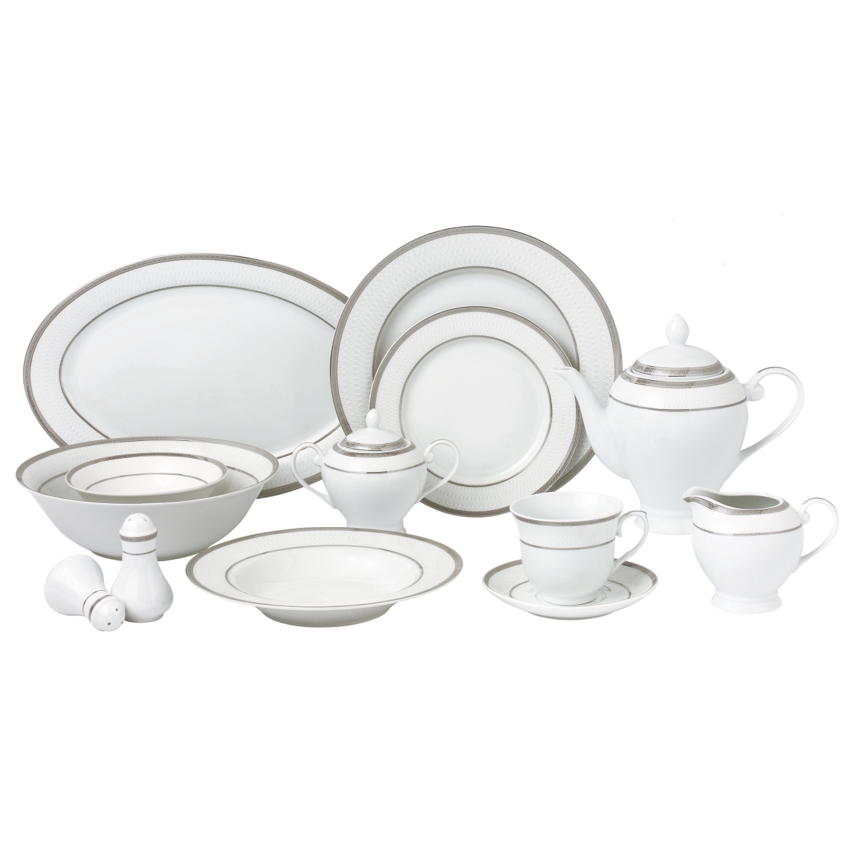 Ashley57 57 Piece Border Porcelain Dinnerware Set Silver  Service for 8 Ashley