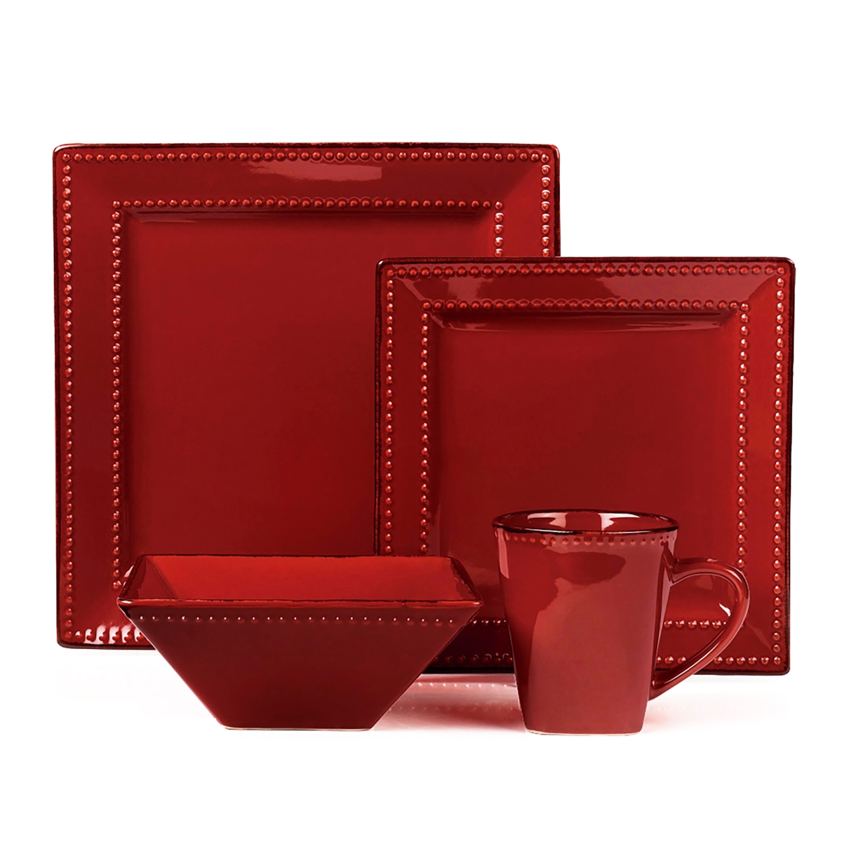 Picture of Lorenzo Import LH505 16 Piece Square Beaded Stoneware Dinnerware Set, Red