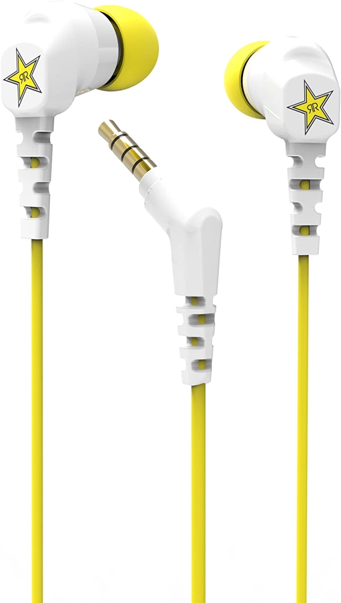 Rockstar ThudBuds Noise Isolation Earbuds with 4 ft. Cable & 3.5 mm Connector - White & Yellow