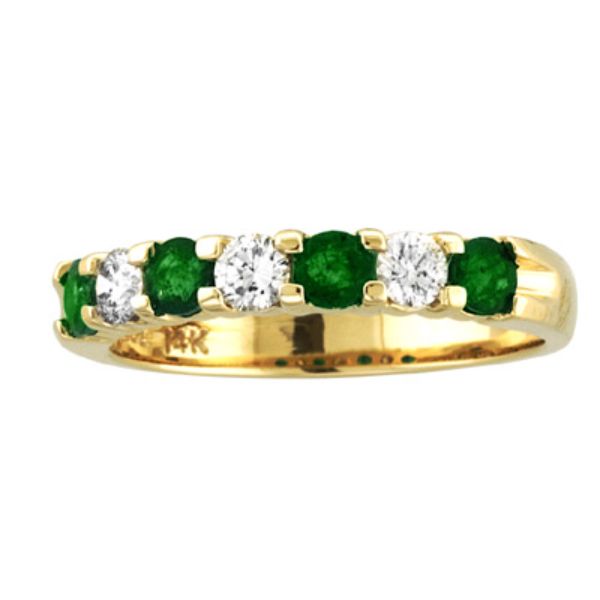 14K Gold Ring 0.27 CTTW Round Diamonds & Emeralds Prong Set Band - Size 8