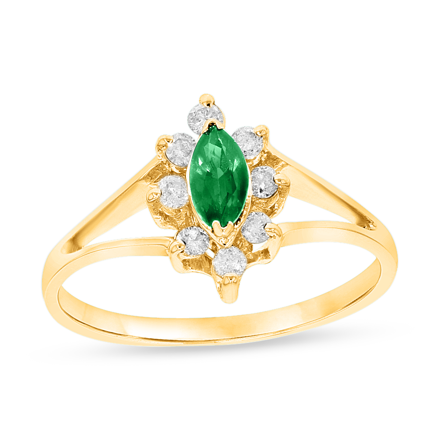 0.15 CTW Diamond & Emerald Marquis Ring, 14K Yellow Gold - Size 6