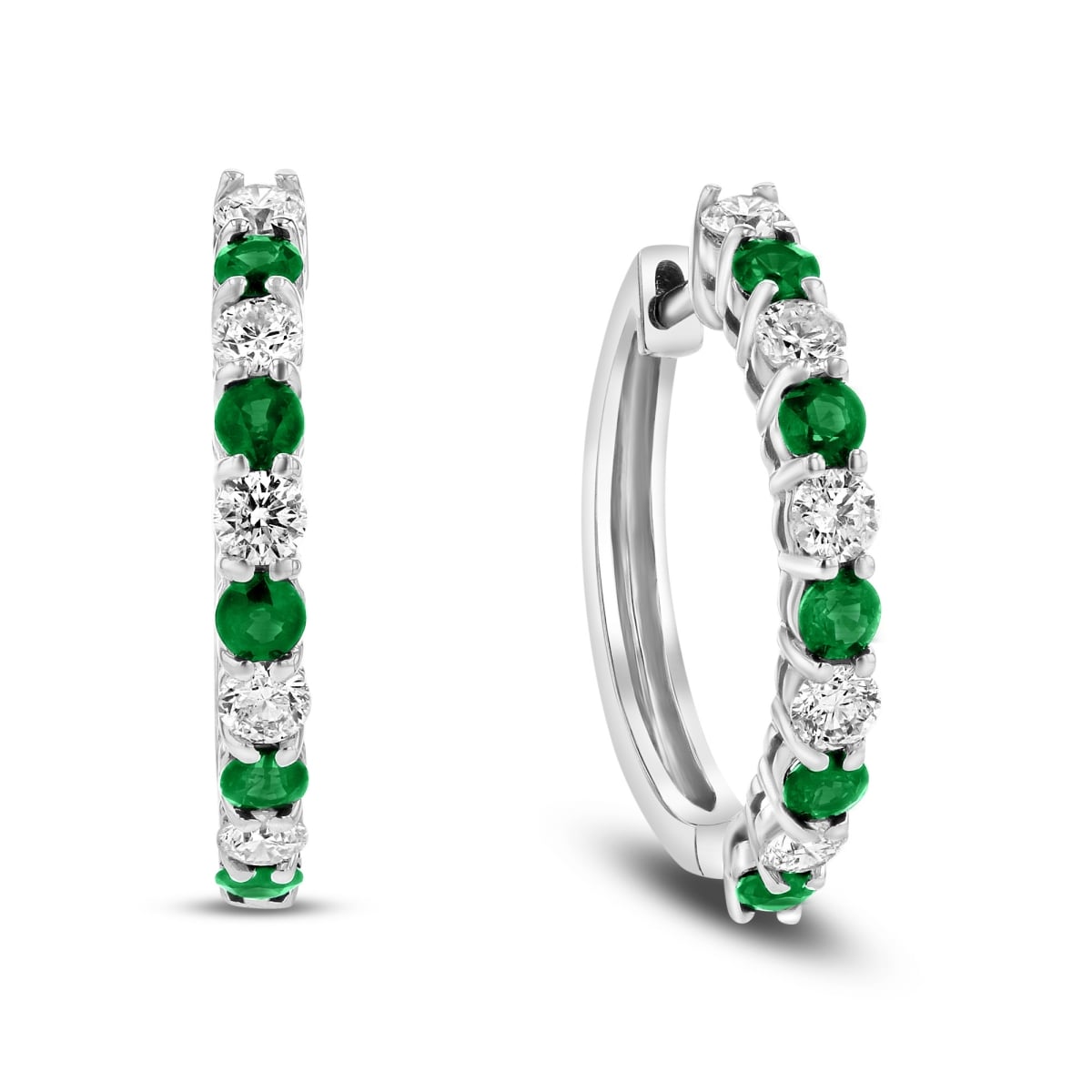 1.35 CTW Diamond & Emerald Hoop Earrings, 14K White Gold