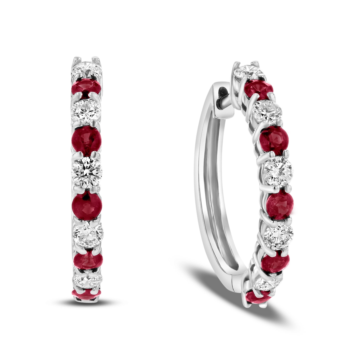 1.35 CTW Diamond & Ruby Hoop Earrings, 14K White Gold
