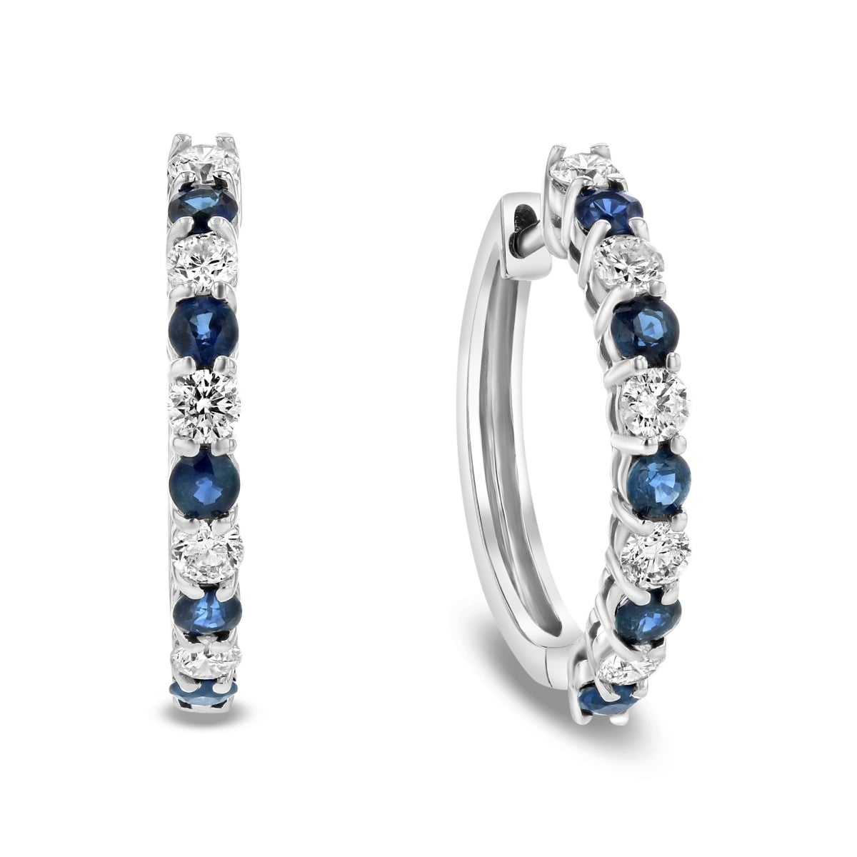 1.35 CTW Diamond & Sapphire Hoop Earrings, 14K White Gold