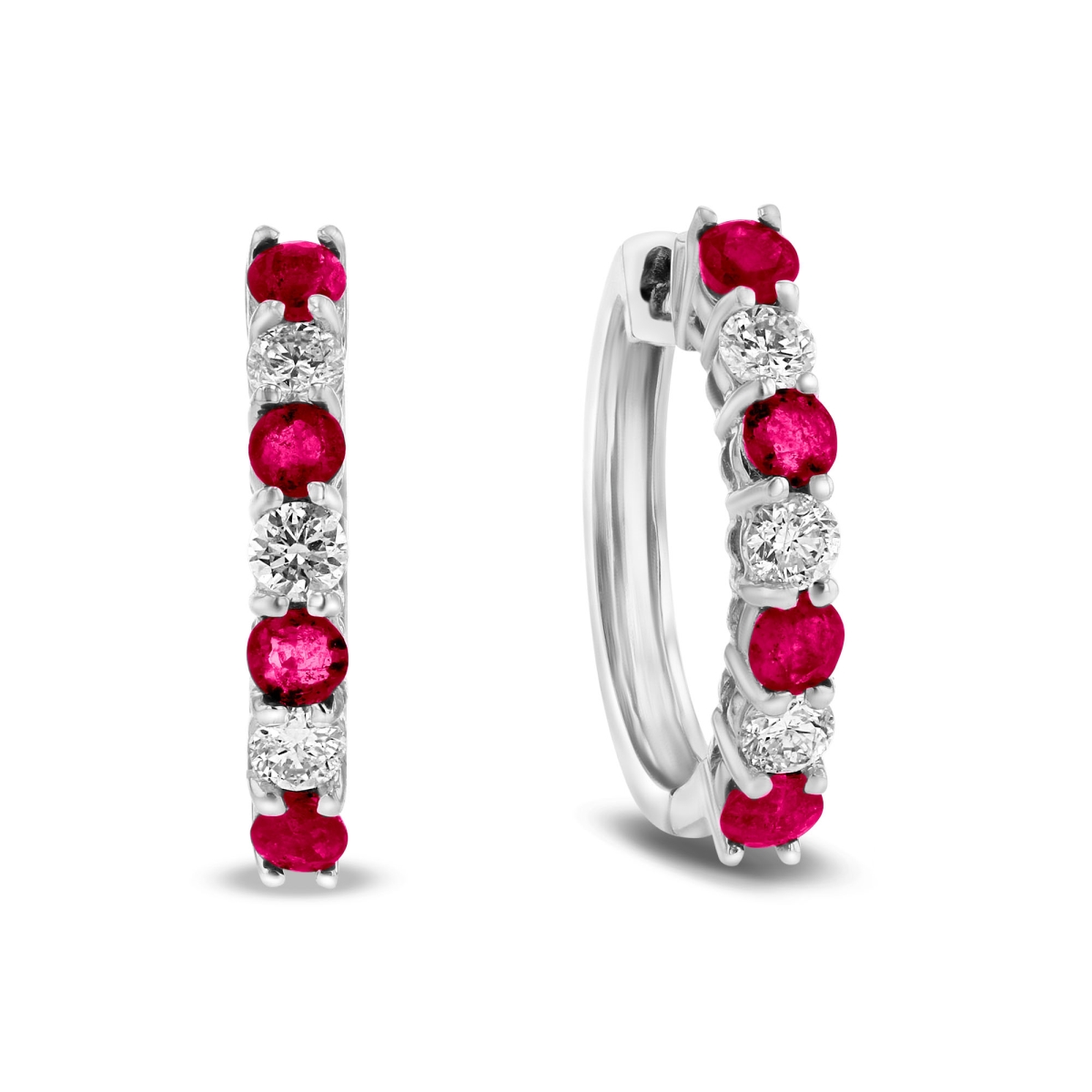 1.15 CTW Diamond & Ruby Hoop Earrings, 14K White Gold