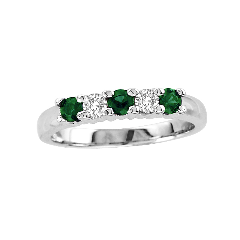 0.20 CTW Five Stone Diamond & Emerald Band, 14K Gold - Size 4