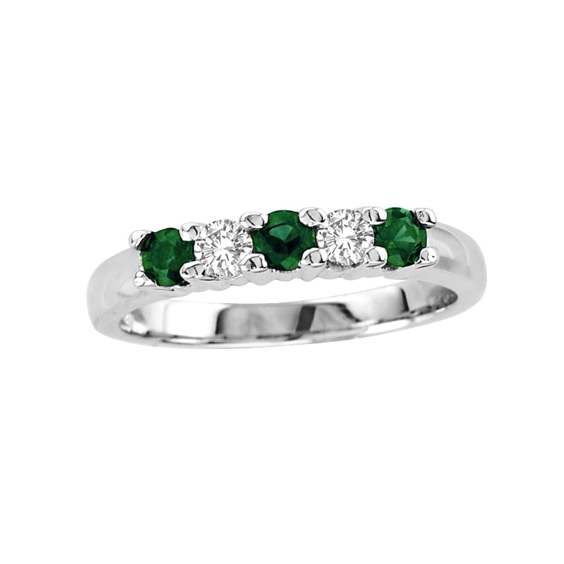0.20 CTW Five Stone Diamond & Emerald Band, 14K Gold - Size 5