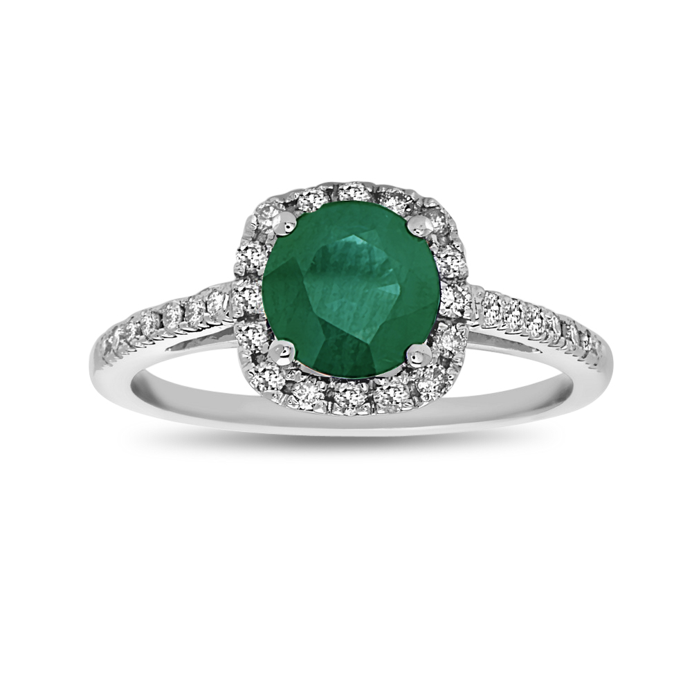 1.20 CTW Emerald & Diamond Engagement Ring, 14K White Gold - Size 6