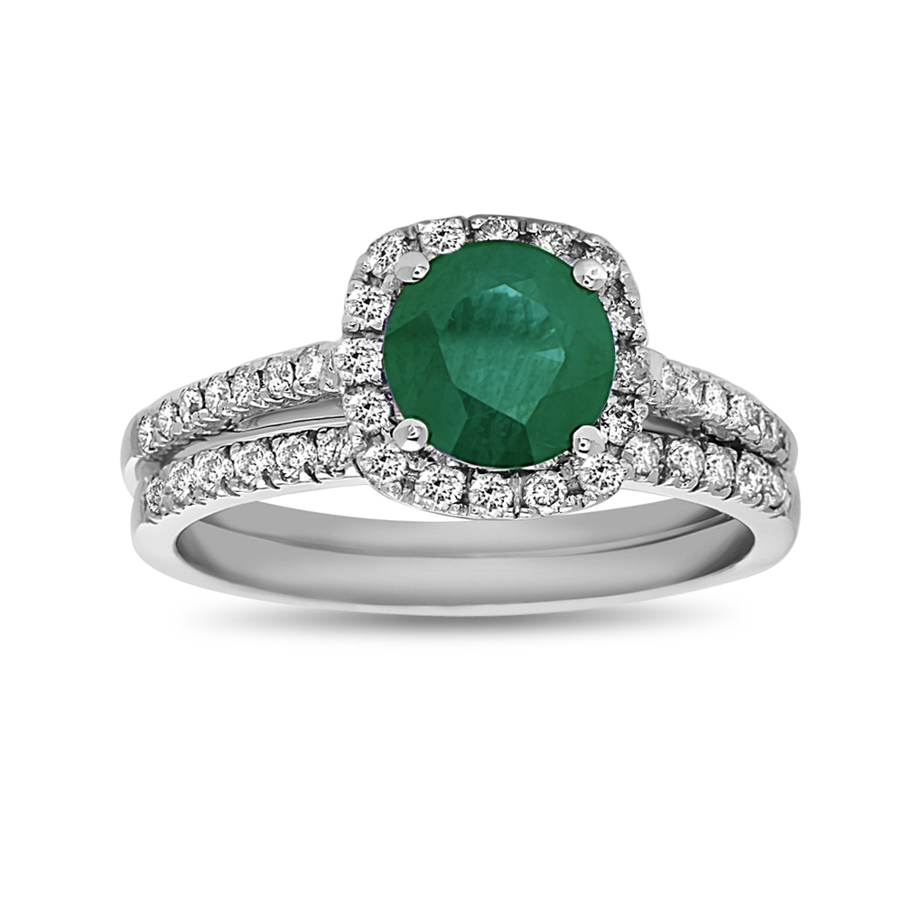 1.35 CTW Emerald & Diamond Engagement Set, 14K White Gold - Size 6.5