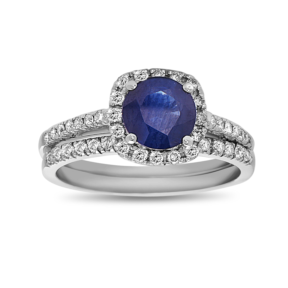 1.50 CTW Sapphire & Diamond Engagement Set, 14K White Gold - Size 6