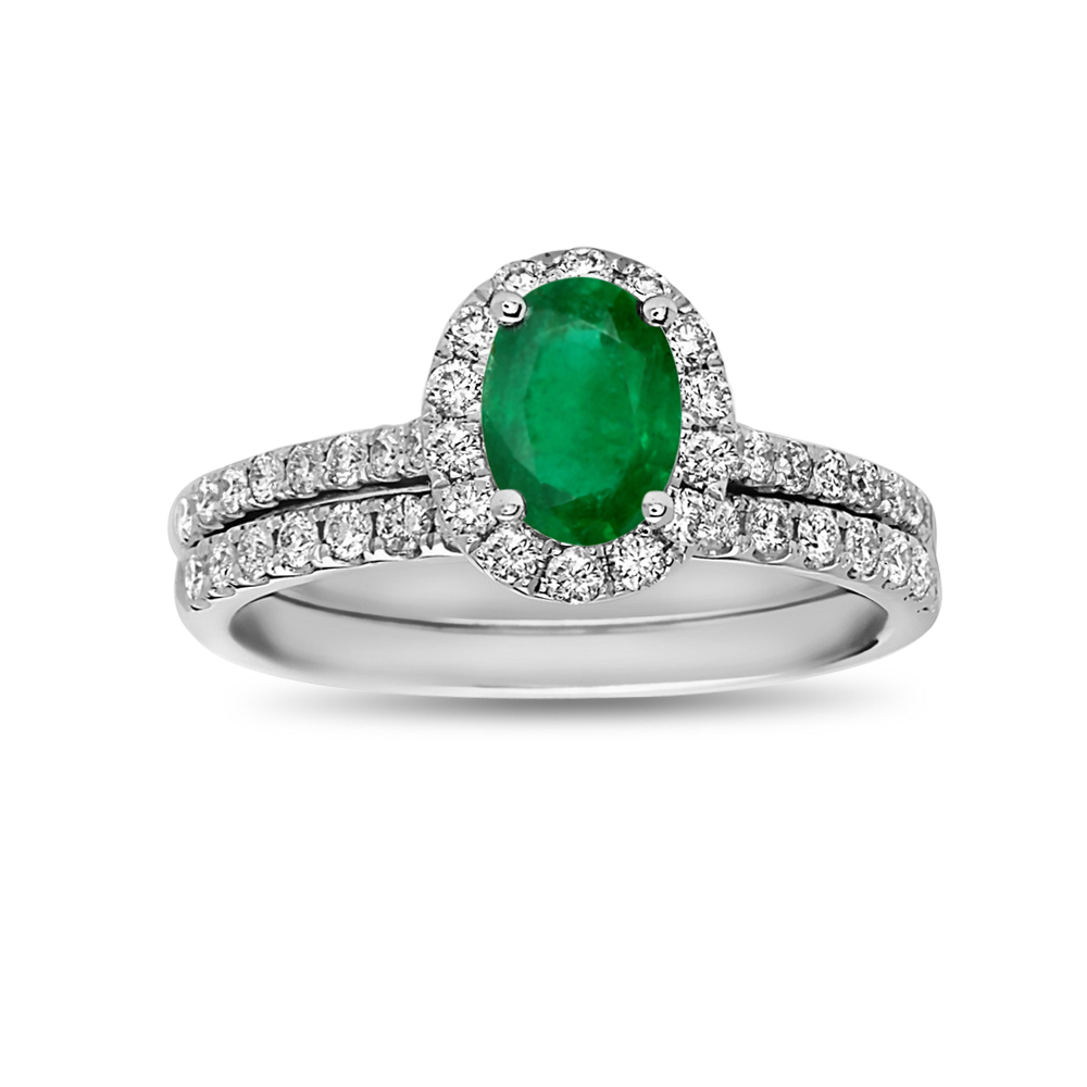 Diamond & Emerald Engagement Ring Set, 14K White - Size 6