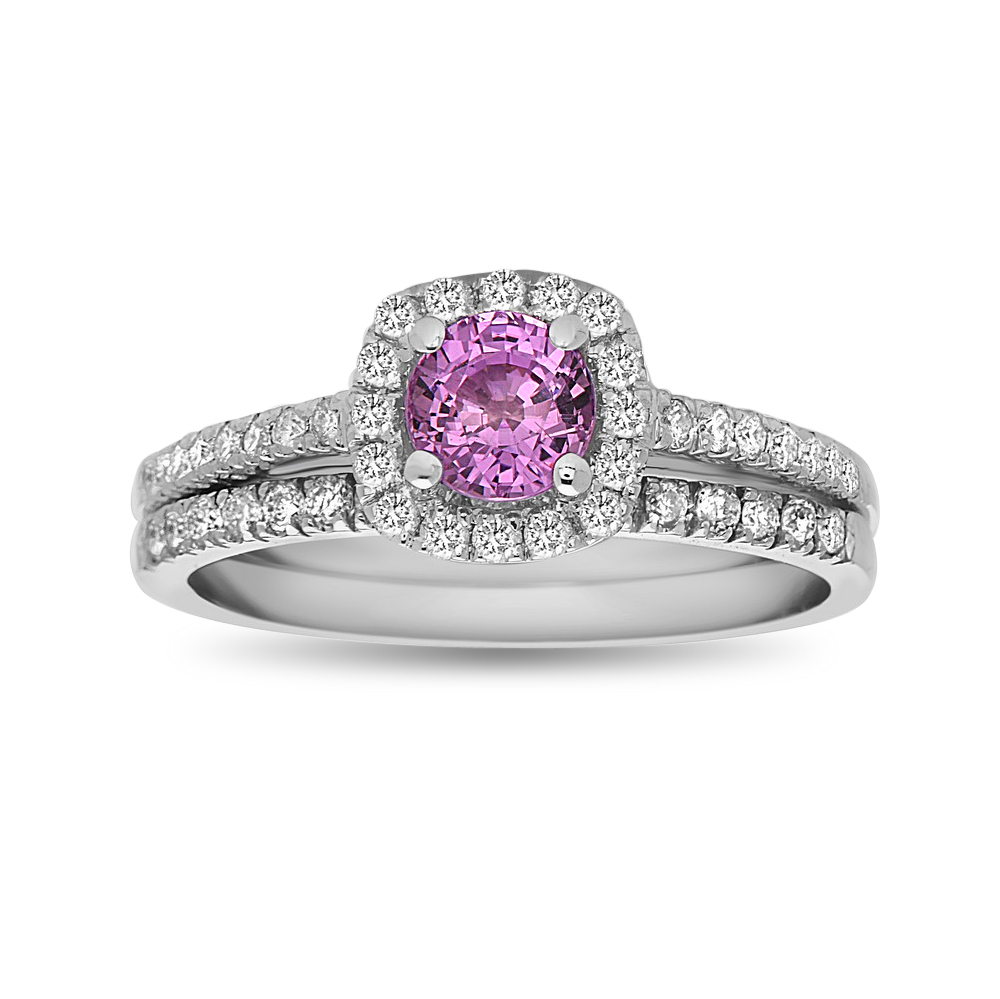 1.20 CTW Pink Sapphire & Diamond Engagement Set, 14K White Gold - Size 6