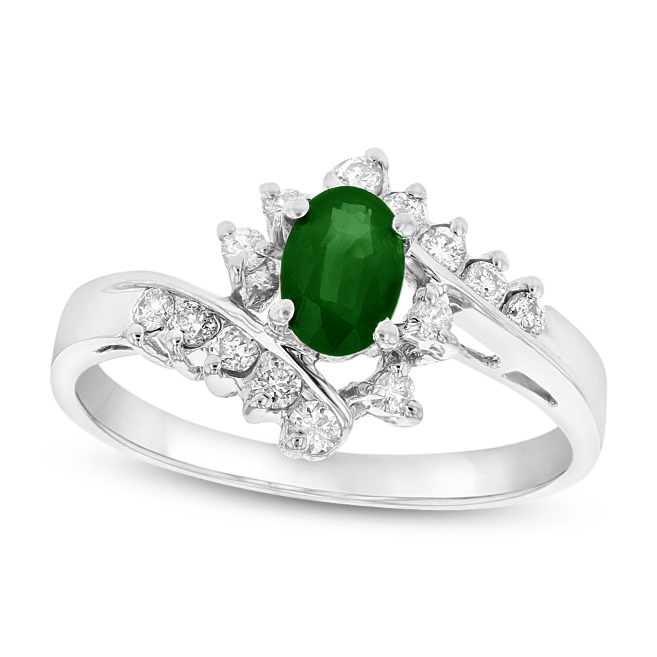 0.65 CTW Diamond & Emerald Ring, 14K White Gold - Size 6.5
