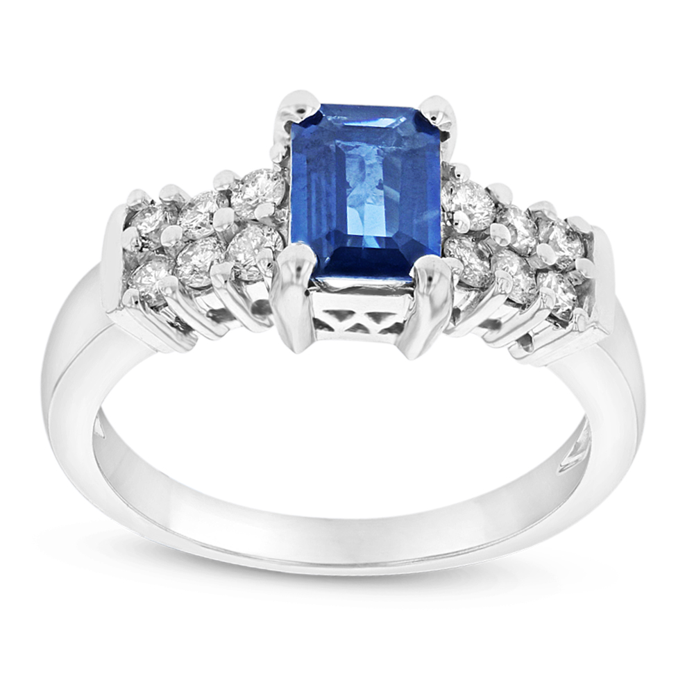 0.40 CTW Diamond & Emerald Cut Sapphire Ring, 14K Gold - Size 7.5