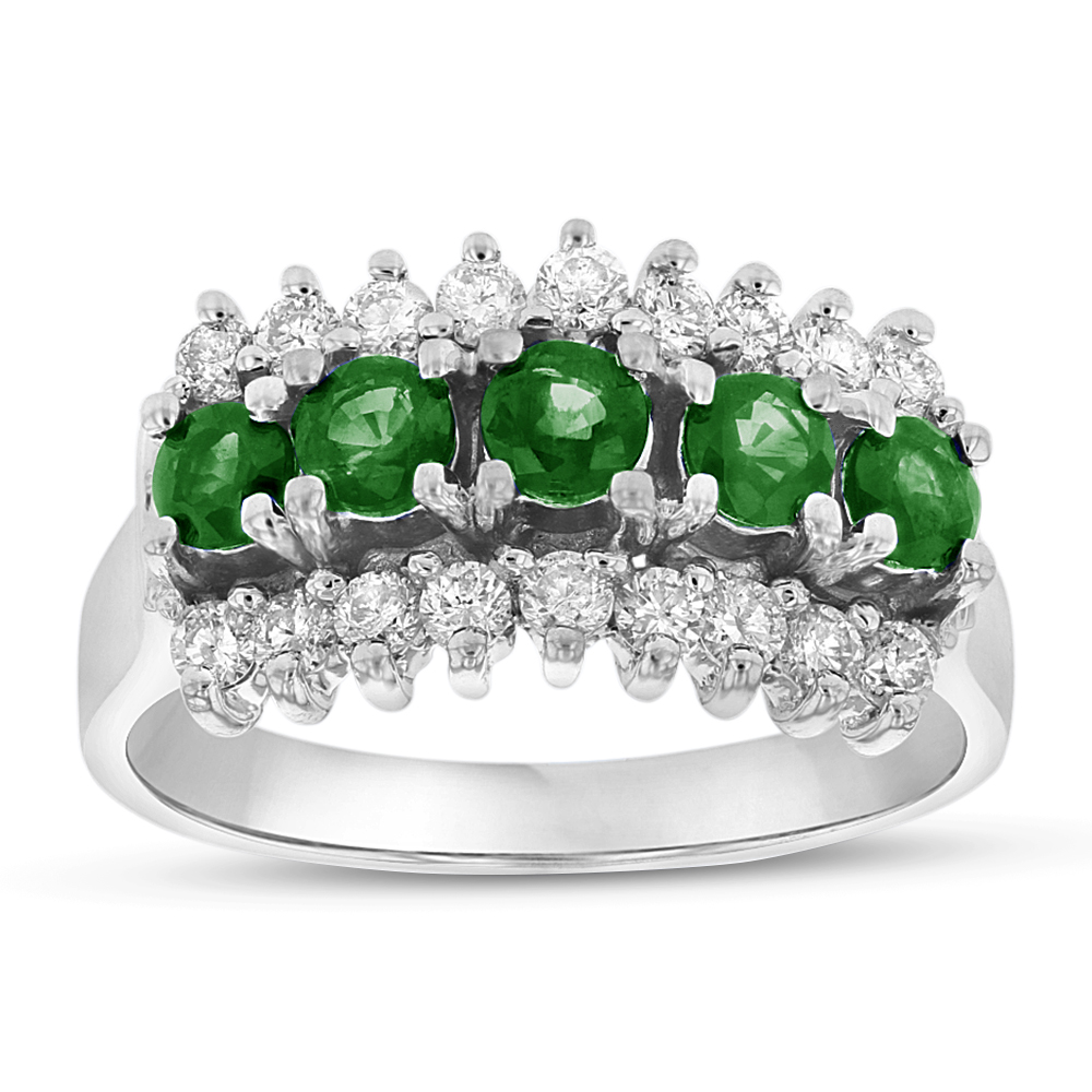 1.30 CTW Diamond & Emerald Band, 14K White Gold - Size 4