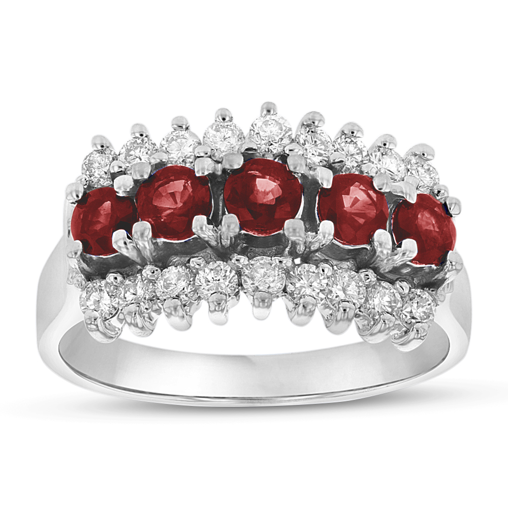 1.30 CTW Diamond & Ruby Band, 14K White Gold - Size 6.5