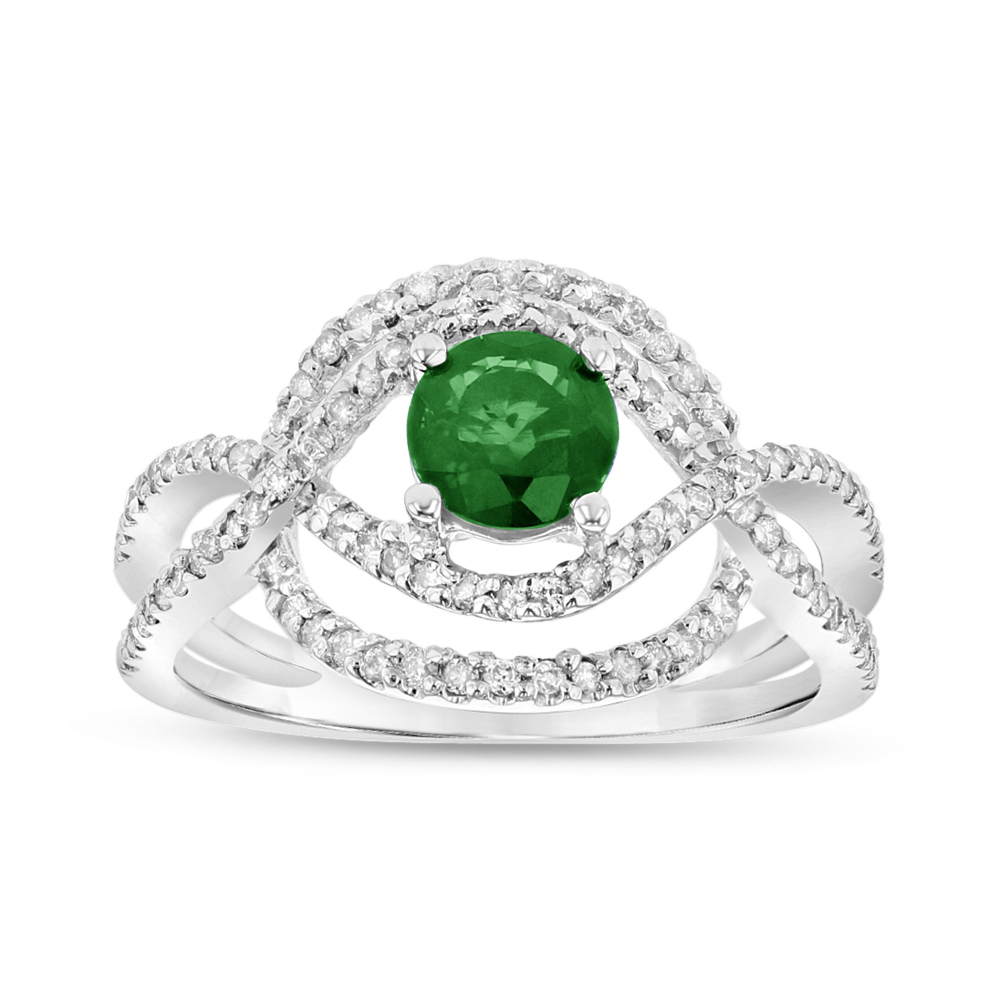 1.00 CTW Diamond & Emerald Ring, 14K White Gold. - Size 6.5