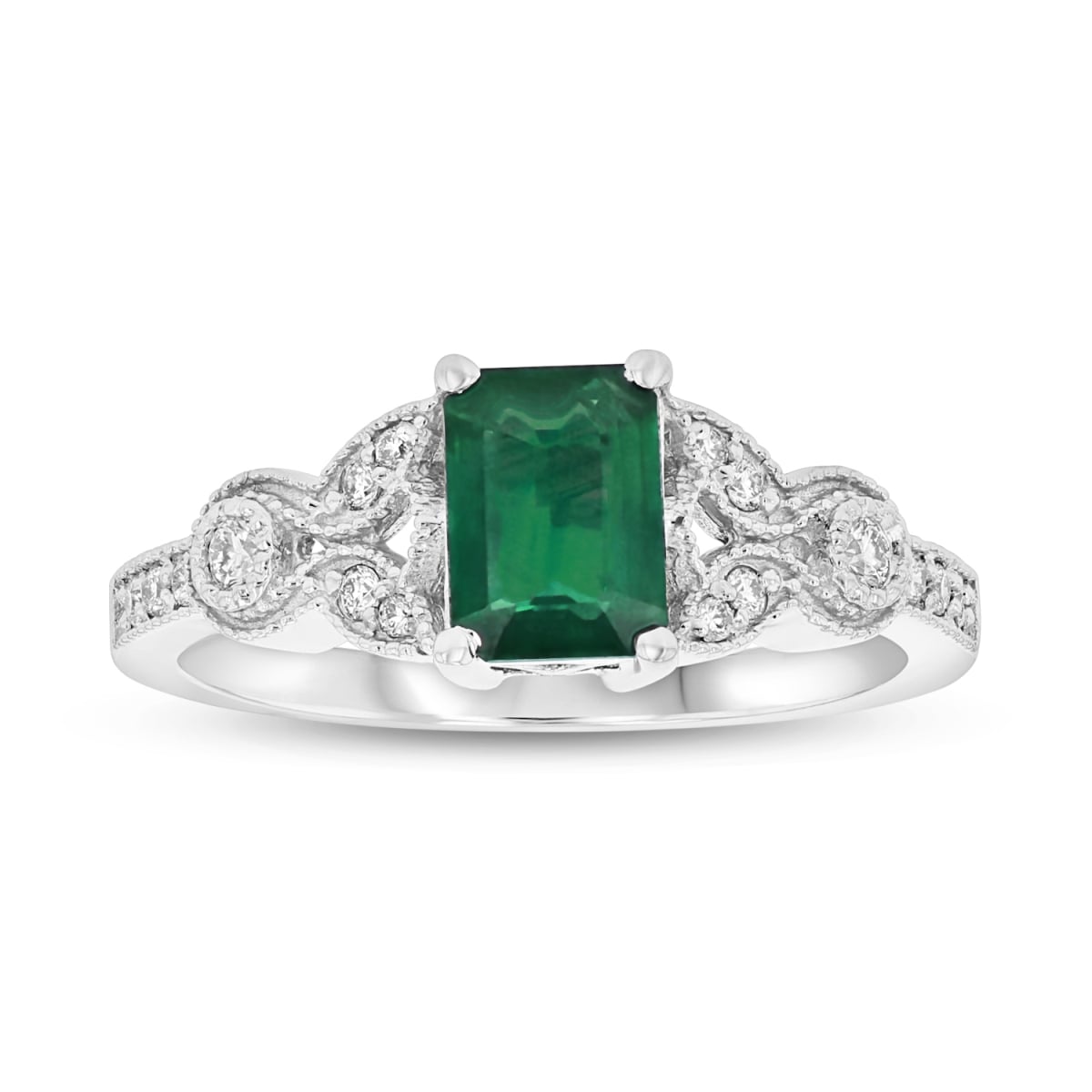 1.05 CTW Diamond & Emerald Engagement Ring, 14K White Gold - Size 6