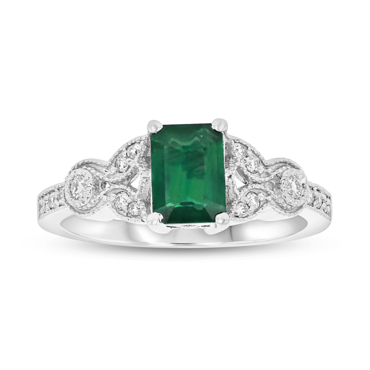 1.05 CTW Diamond & Emerald Engagement Ring, 14K White Gold - Size 6.5