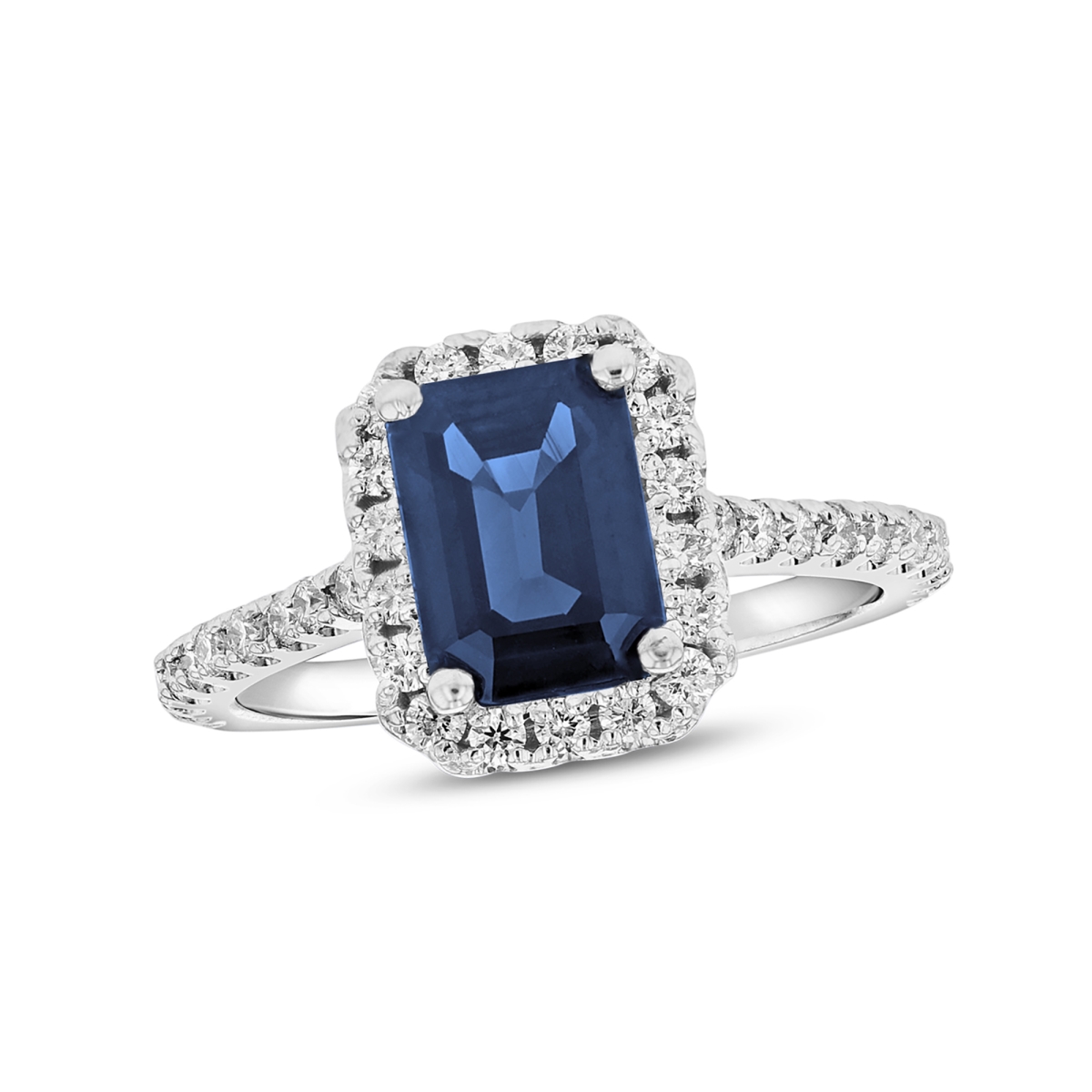 2.00 CTW Diamond & Emerald Cut Sapphire Statement Ring, 14K White Gold - Size 6.5