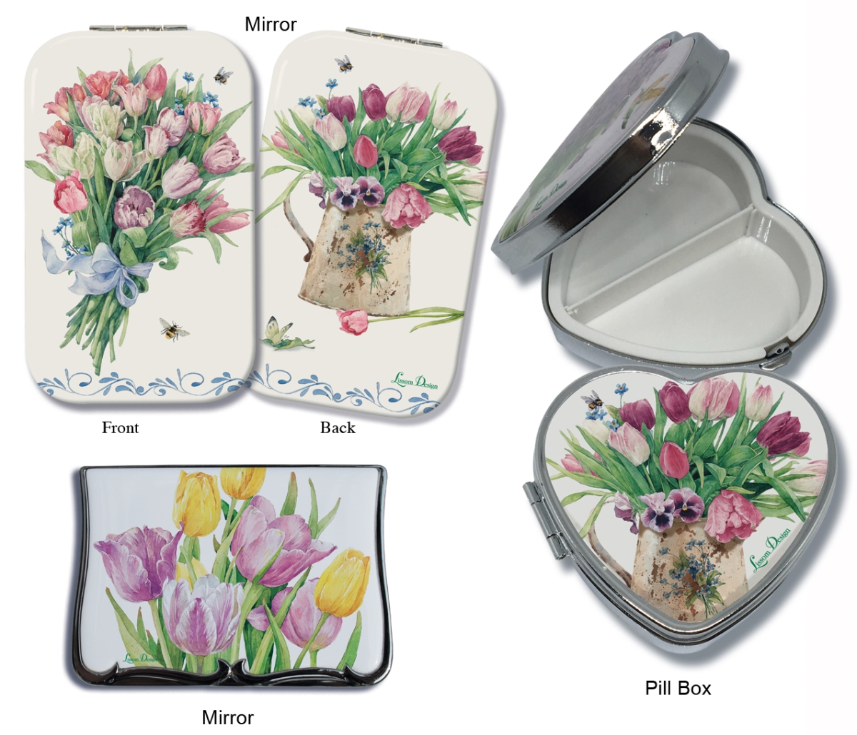 Picture of Lissom Design W61074 3 Tulips Compact Mirror & Pill Box Set