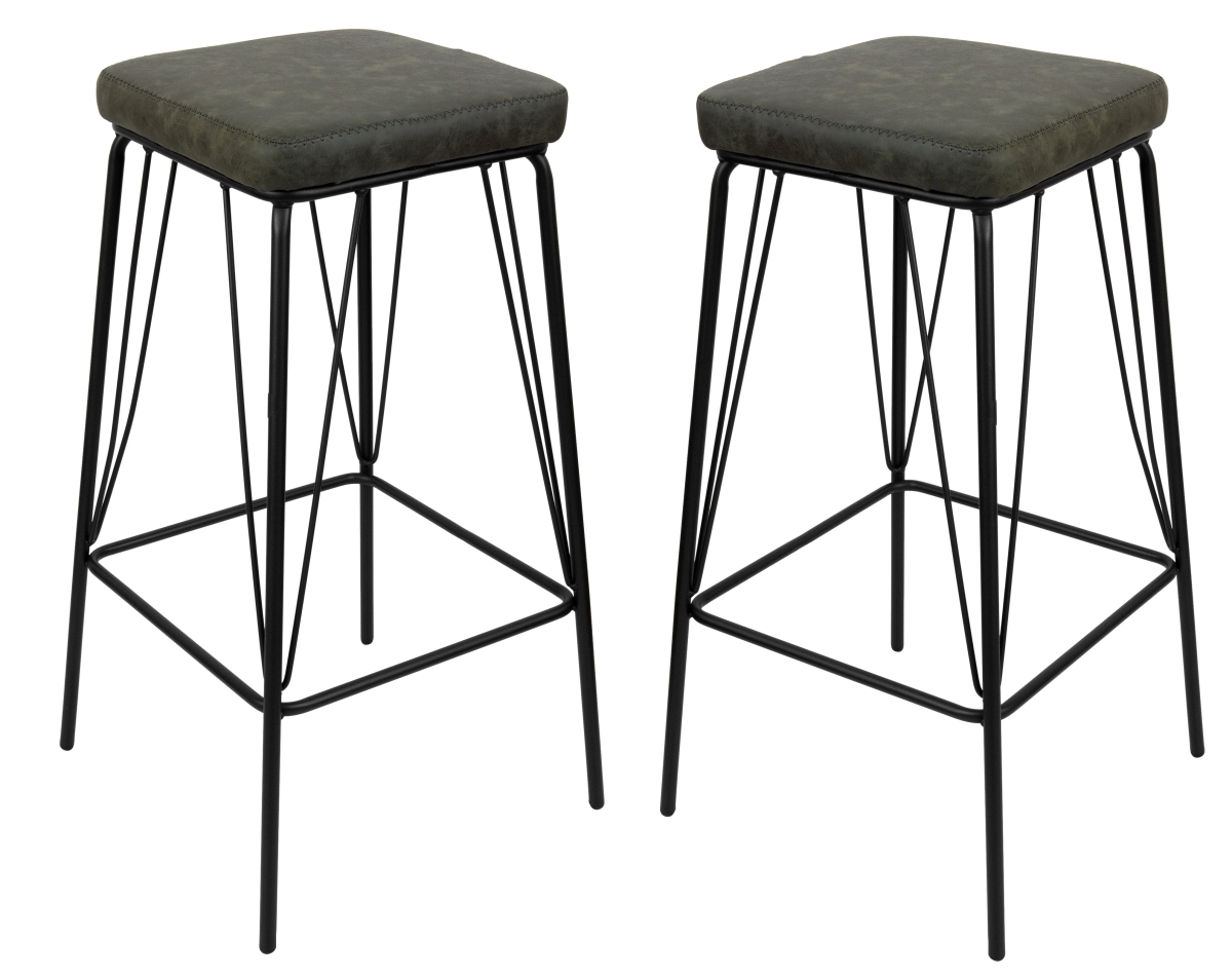Picture of LeisureMod MS36G2 30 x 17 x 17 in. Millard Leather Bar Stool with Metal Frame, Olive Green - Set of 2