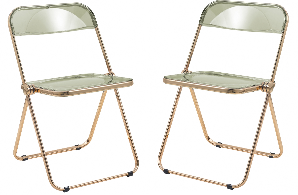 LeisureMod Lawrence 2-pcs Clear Accent Chair, Folding Acrylic Design with Gold Chrome Frame, Portable Assembled Seating - Amber