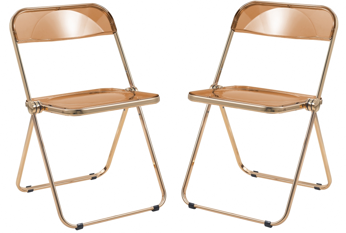 LeisureMod Lawrence 2-pcs Clear Accent Chair, Folding Acrylic Design with Gold Chrome Frame, Portable Assembled Seating - Tangerine
