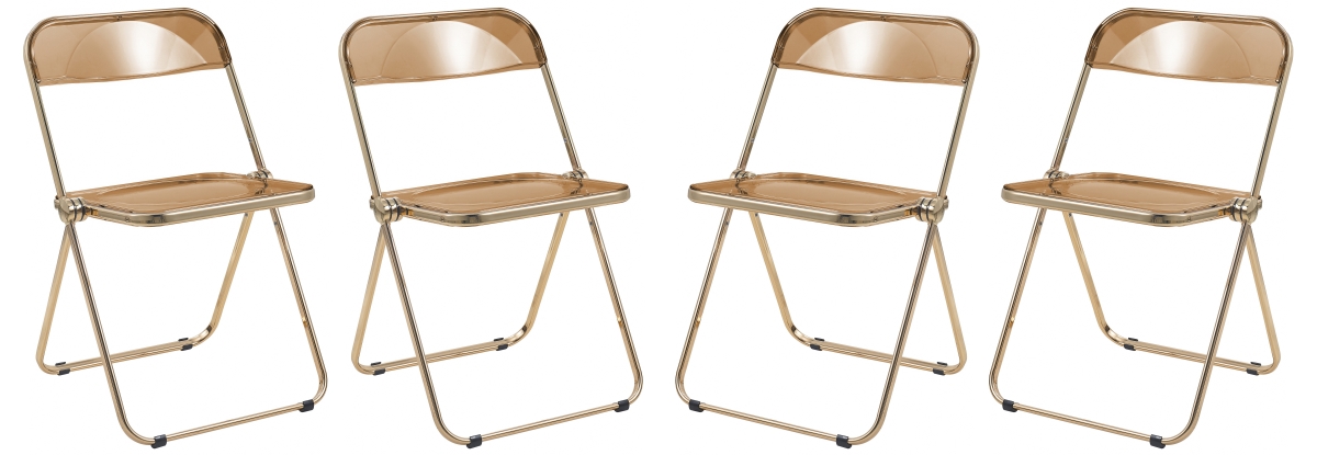 LeisureMod Lawrence 2-pcs Clear Accent Chair, Folding Acrylic Design with Gold Chrome Frame, Portable Assembled Seating - Tangerine