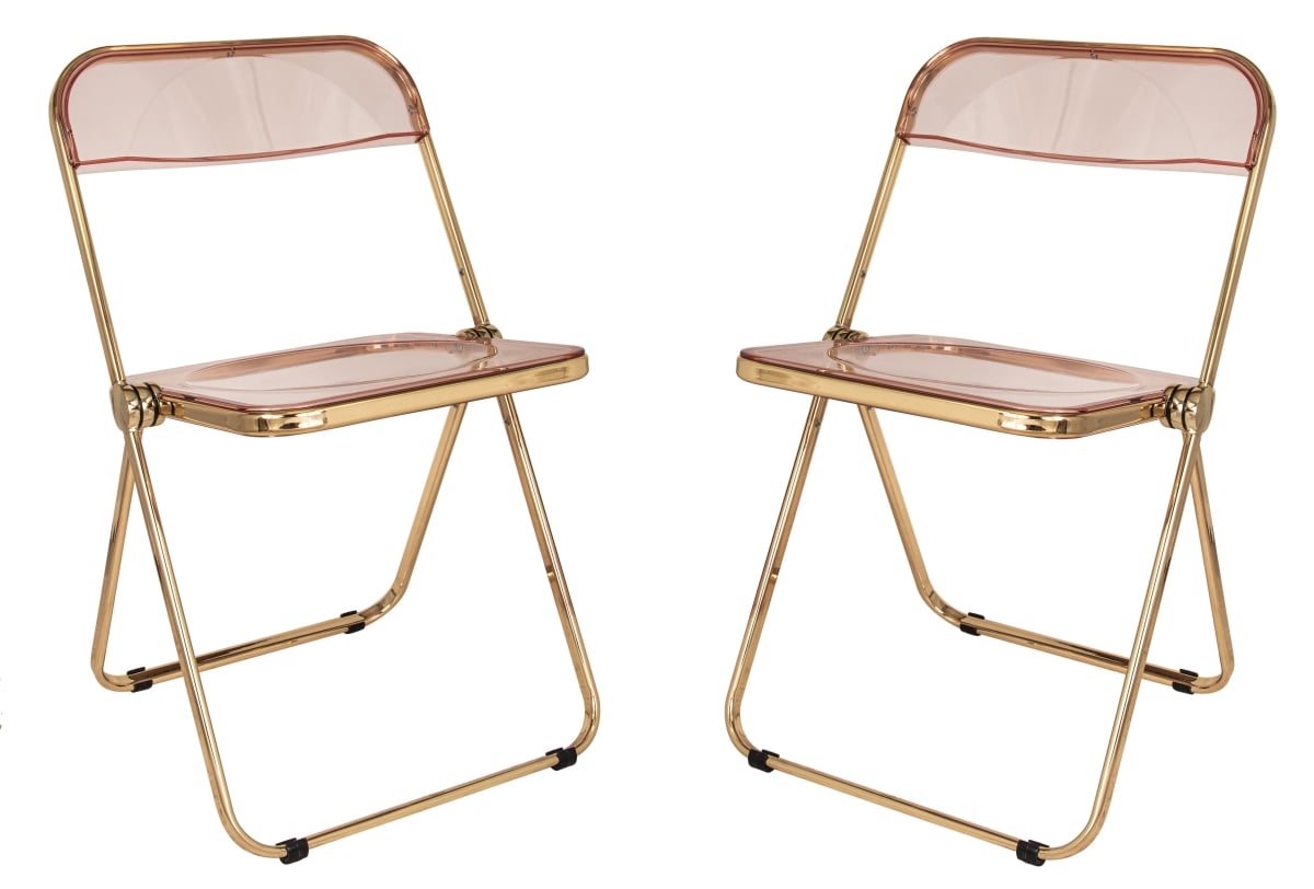 LFG19PK2 Lawrence Acrylic Folding Chair with Gold Metal Frame, Rose Pink - Set of 2 -  LeisureMod