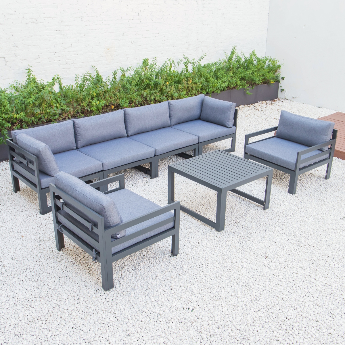 CSFARBL-7BU 24.8 x 113.62 x 60 in. Chelsea 7 Piece Patio Sectional & Fire Pit Table with Black Aluminum Cushions, Blue