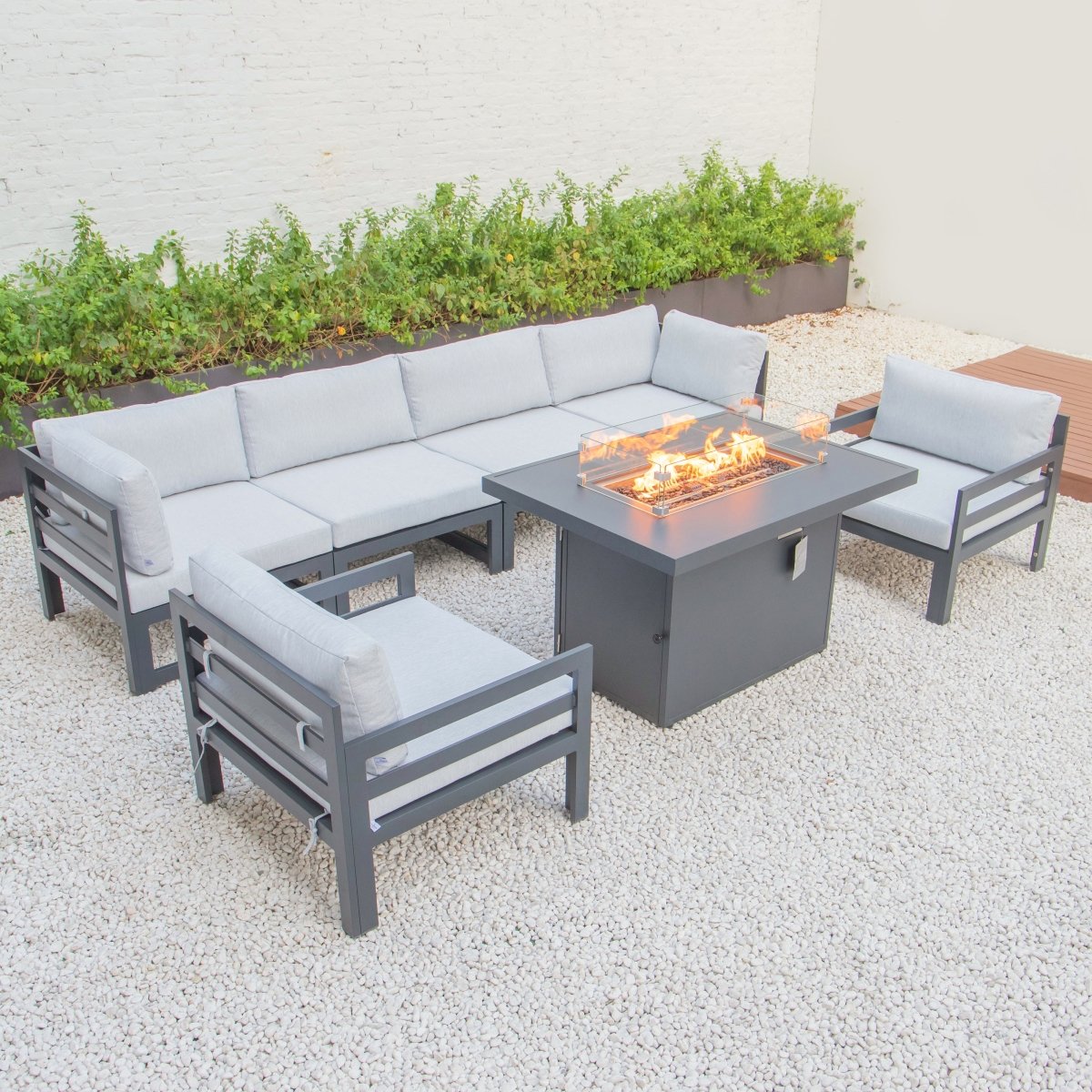 CSFARBL-7LGR 24.8 x 113.62 x 60 in. Chelsea Patio Aluminum Sectional & Fire Pit Table with Cushion, Light Grey & Black - 7 Piece -  LeisureMod