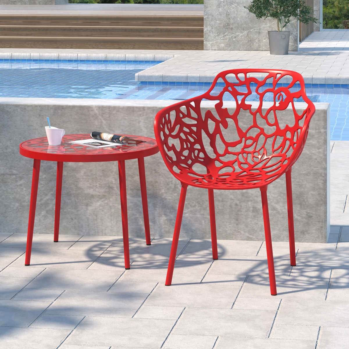 Devon Tree Design Glass Top End Table - Red - 19in. H x 23in. Dia - Durable Aluminum Frame