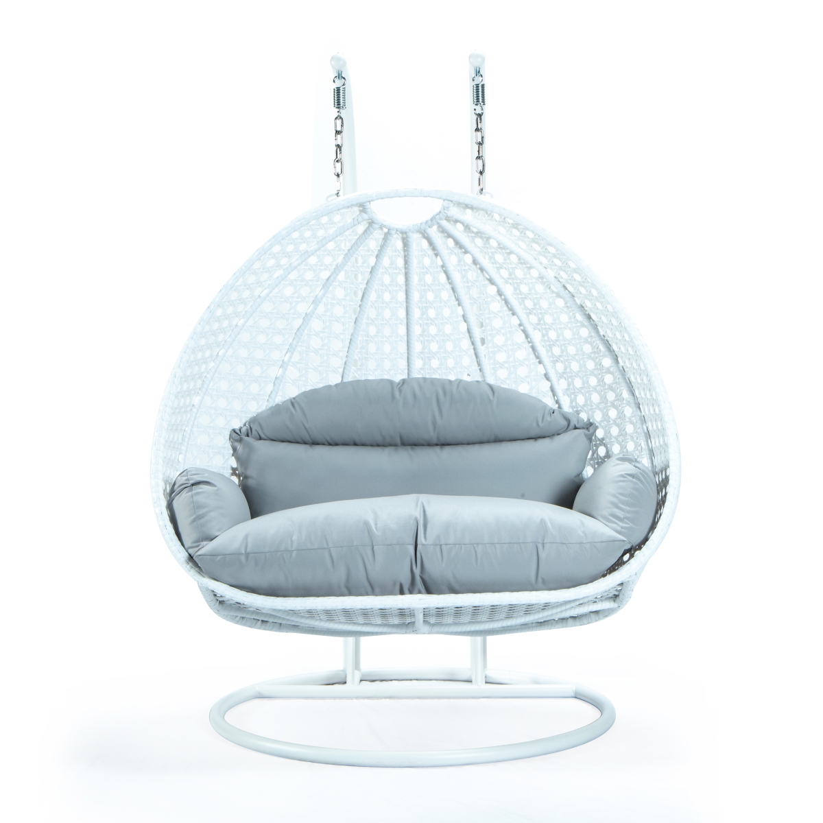 78 x 57 x 27 in. White Wicker Hanging 2 Person Egg Swing Chair, Light Grey
