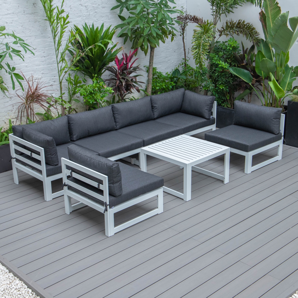 24.8 x 113.62 x 58.98 in. Chelsea Patio Aluminum Sectional & Coffee Table Set with Cushion, Black & White - 7 Piece -  KD Americana, KD2443673